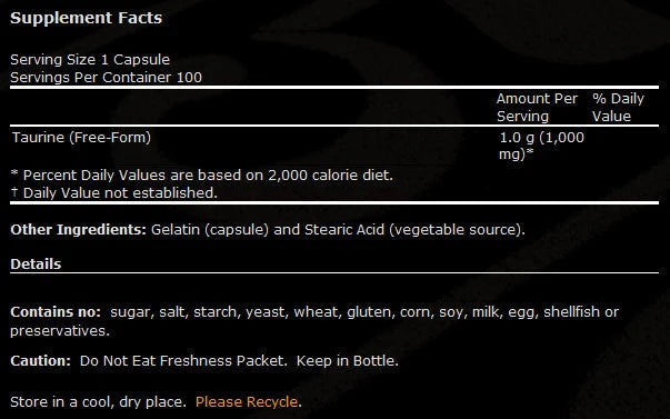 Таурин 1000 mg / двойна сила - 100 капсули