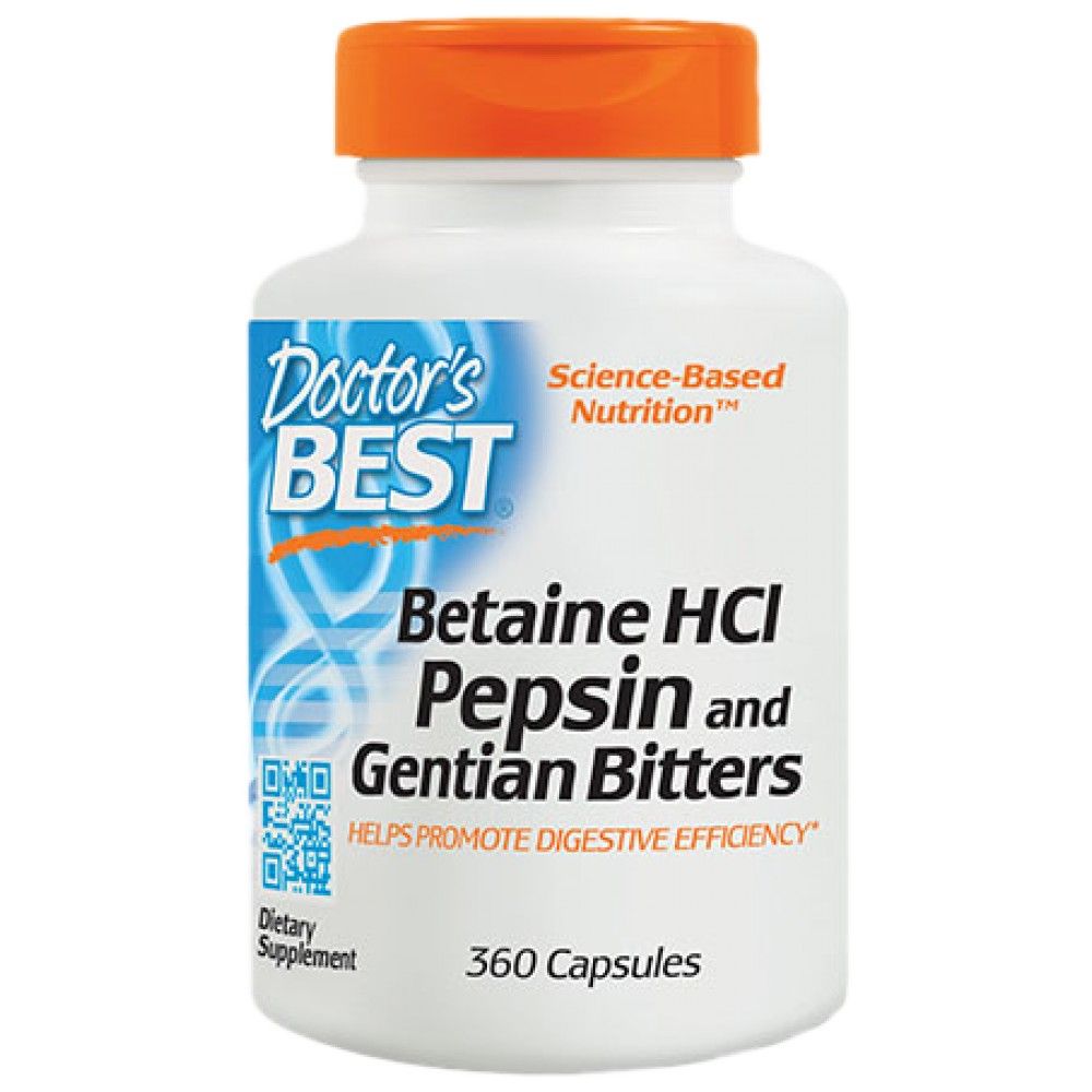 Най -добър Betaine HCl 650 mg / с Pepsin & Gentian Bitters - 360 капсули