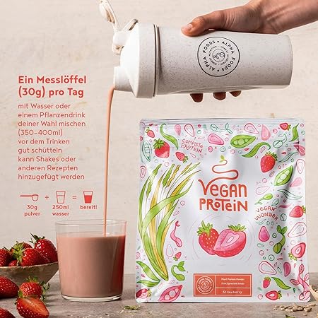 Вегански протеинов прах ягода - 600 g, направени в Германия - Alpha Foods