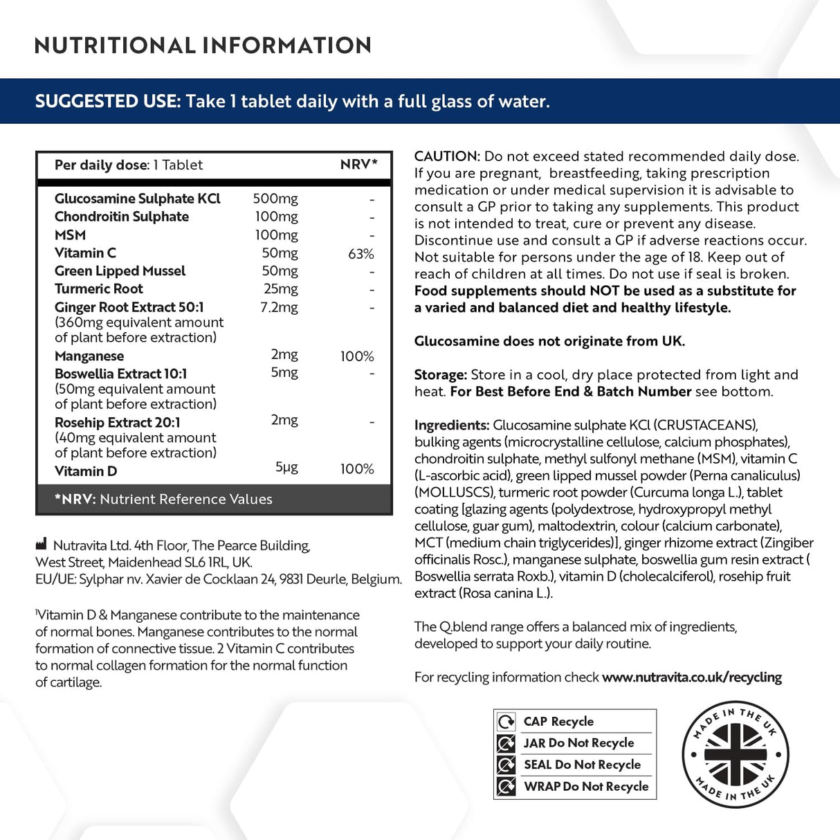 Joint Complex with Glucosamine, Chondroitin, MSM and Manganese – 180 tablets (6 months of intake) - Nutra Best Europe
