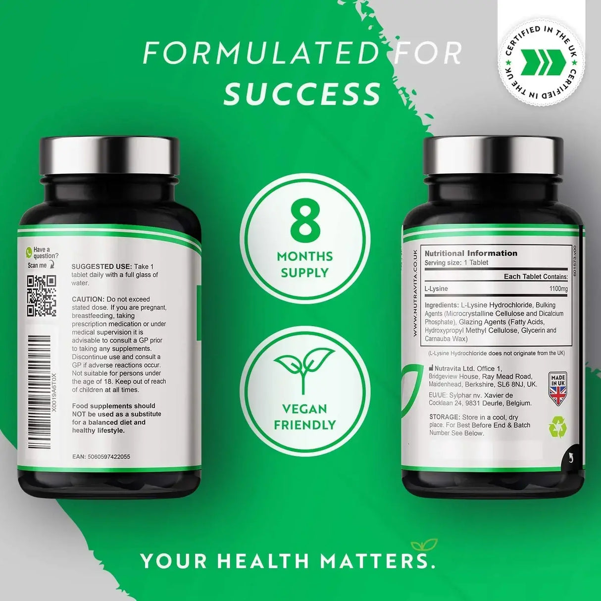 L-Lysine 1100mg 240 Vegan Tablets - Nutra Best Europe