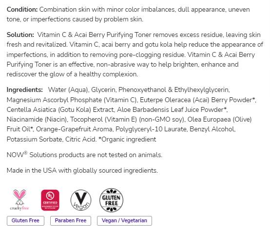 Пречистващ тонер за пречистване на витамин C & Acai Berry | Без парабени - 237 ml