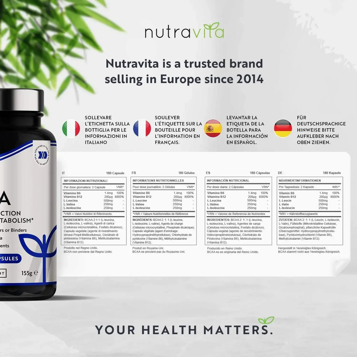 BCAA (2:1:1) с витамини B6 и B12 - 180 Vcaps. <tc>Nutravita</tc>