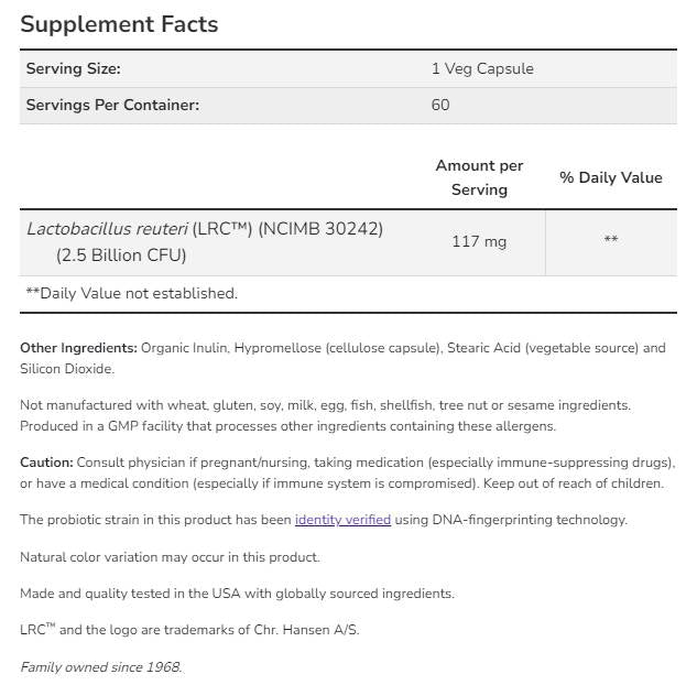 Клинично здраве на сърцето Пробиотик | Lactobacillus reuteri LRC ™ 2,5 милиарда - 60 капсули