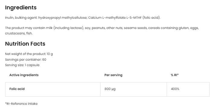 Фолиева киселина 800 mg | Метил фолат 5-MTHF 60 капсули