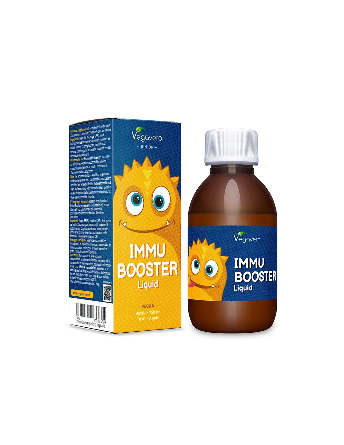 Immu Booster Liquid - имунен бустер сироп за деца с бета глюкани, цинк + витамин С и D3, 150 мл, аромат на ябълка