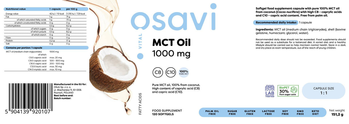 MCT масло 1000 mg | C8 + C10 - 120 Softgels