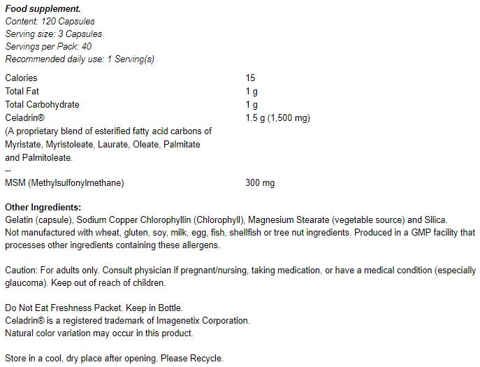 Celadrin & MSM 500 mg - 120 капсули