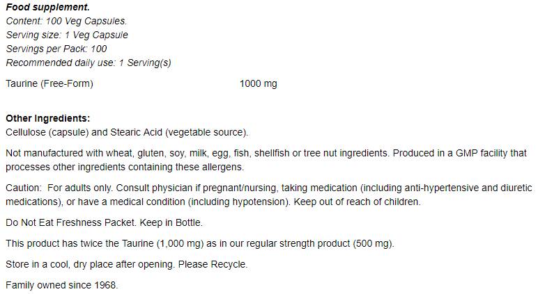 Таурин 1000 mg / двойна сила - 250 капсули