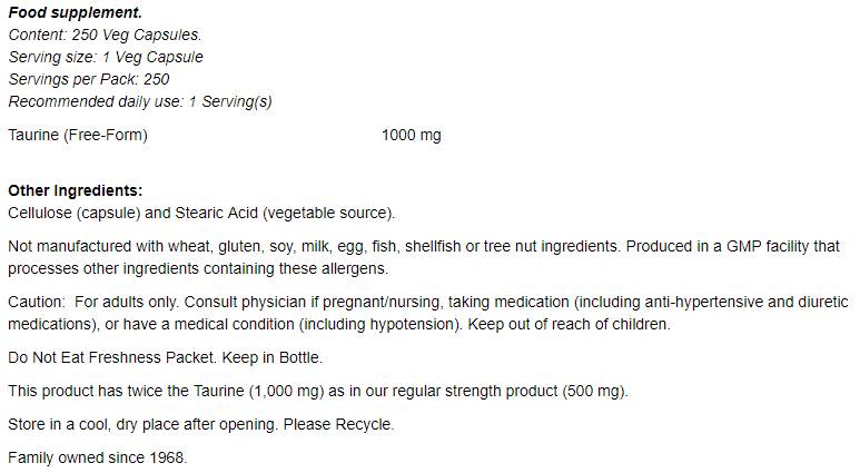 Таурин 1000 mg / двойна сила - 250 капсули