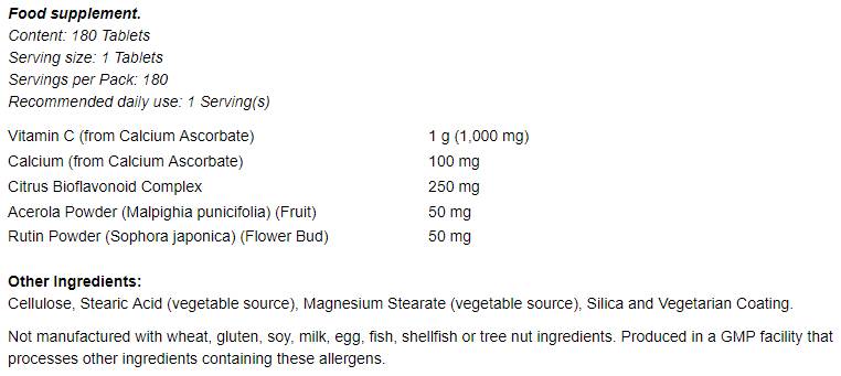 Витамин С -1000 комплекс - буфериран с 250 mg биофлавоноиди - 180 таблетки