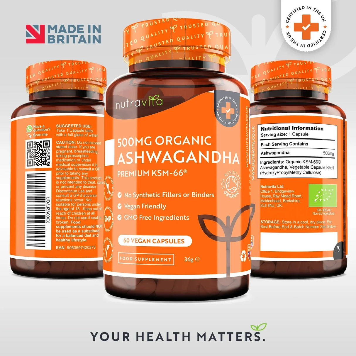 Organic Ashwagandha KSM 66 - Био Ашваганда 500 mg 60 вегански капсули