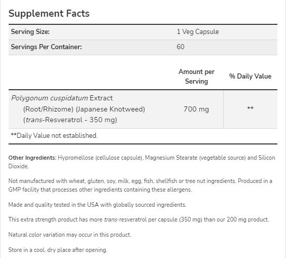 Resveratrol 350 mg | Допълнителна сила - 60 капсули