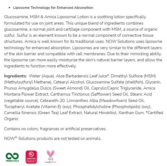 Лосион за липозом на глюкозамин, MSM и Arnica - 237 ml