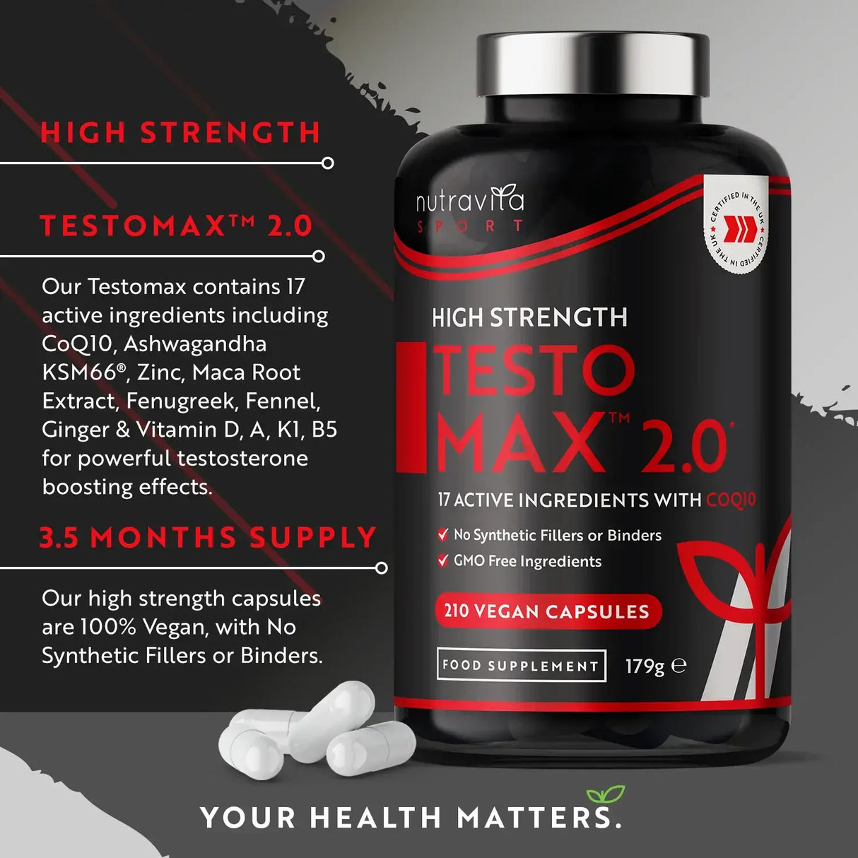 TESTOMAX™ 2.0 /210 капсули, 105 дни/ с Ashwagandha KSM 66®, CoQ10 и корен от мака <tc>Nutravita</tc>