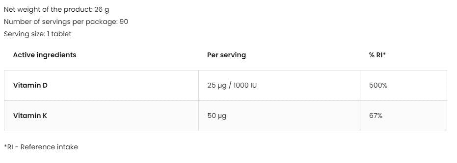 Витамин D3 1000 IU + K2 50 MCG 90 таблетки