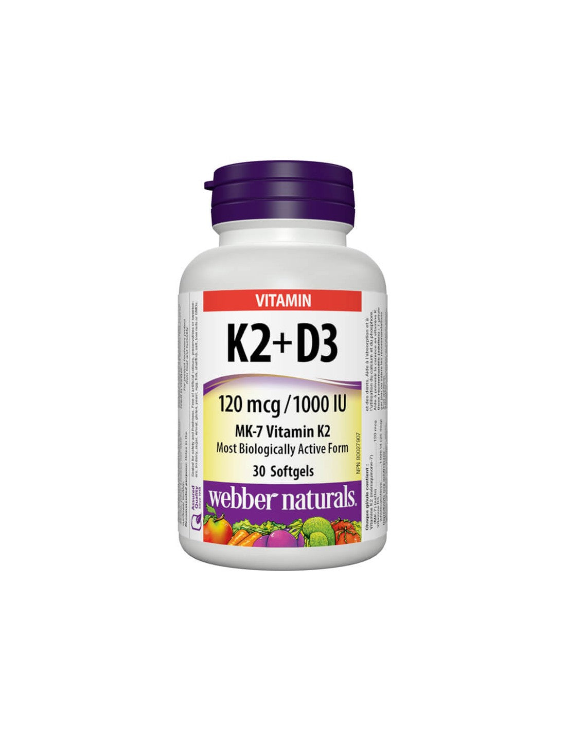 Витамин K2 + D3 / Витамин K2 120 µg + D3 1000 IU, 30 софтгел капсули <tc>Webber Naturals</tc>