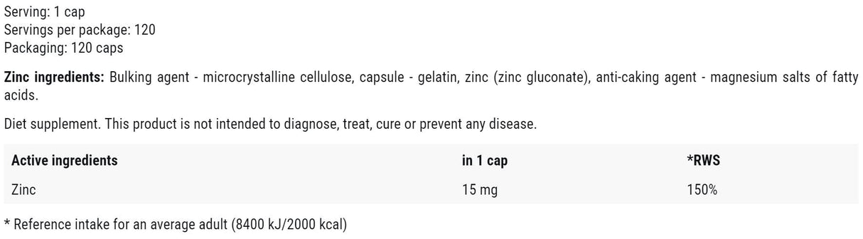 Цинк 15 mg | Като цинков глюконат - 120 капсули