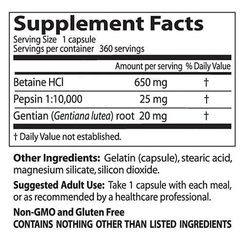 Най -добър Betaine HCl 650 mg / с Pepsin & Gentian Bitters - 360 капсули