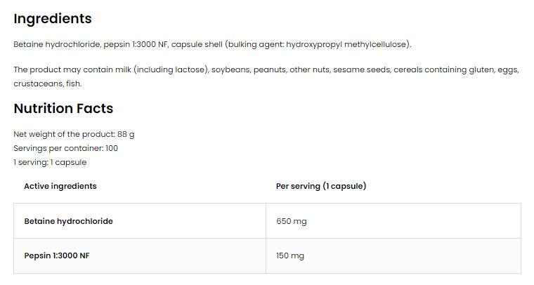Betaine hcl + pepsin 100 капсули