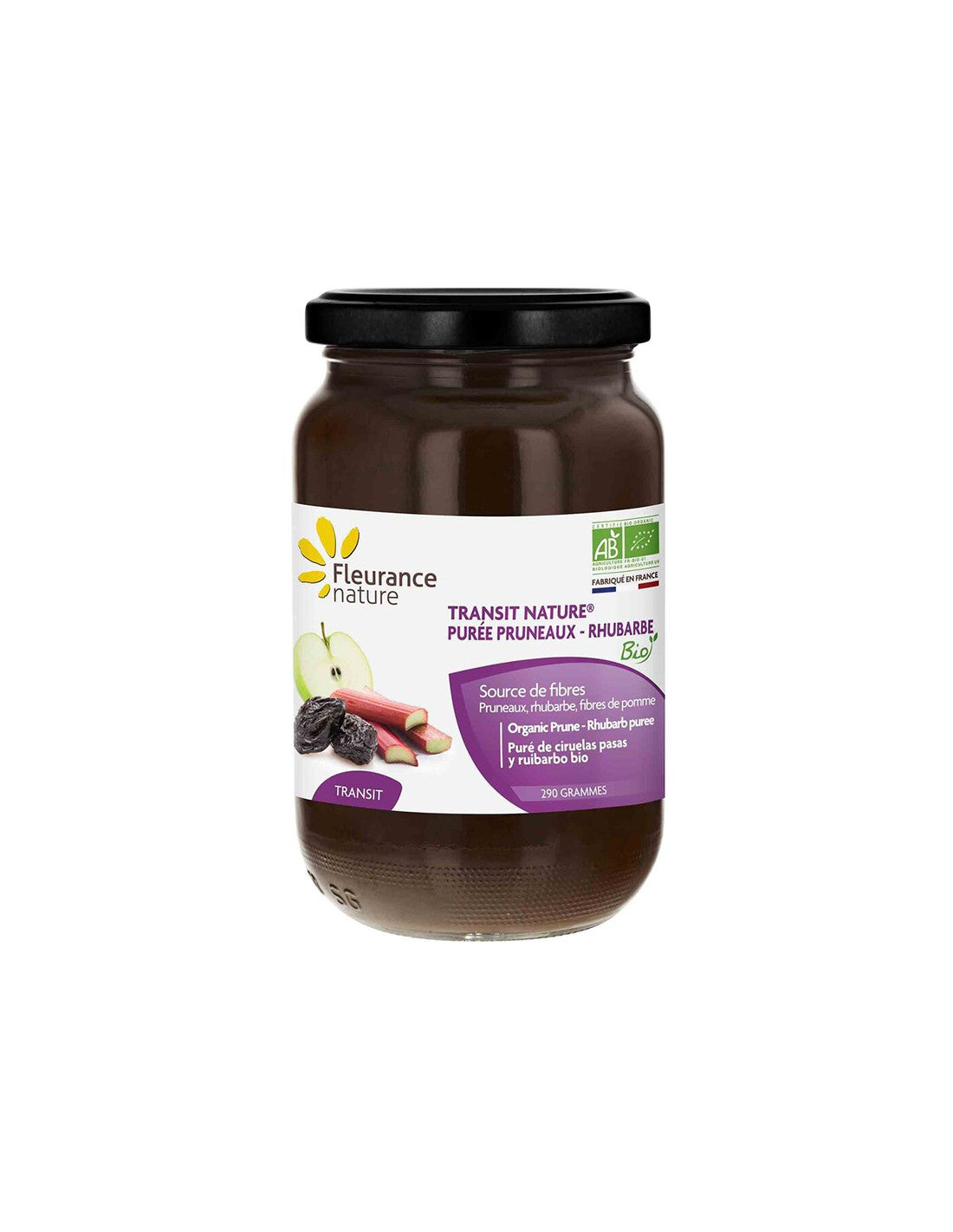 Prune puree with rhubarb and apple fiber - for constipation - Transit nature - to normalize bowel movements, 290 g Fleurance Nature - Nutra Best Europe