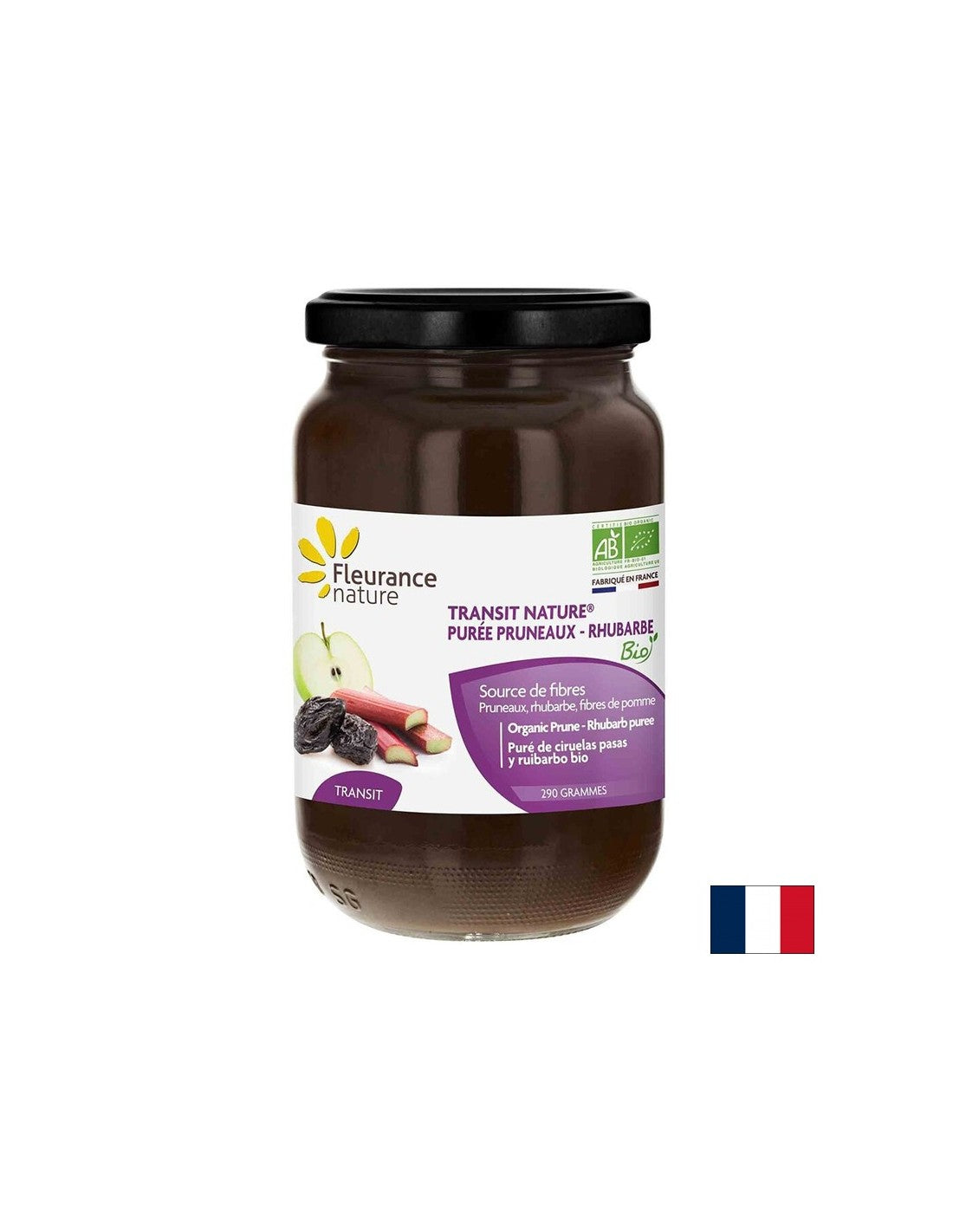 Prune puree with rhubarb and apple fiber - for constipation - Transit nature - to normalize bowel movements, 290 g Fleurance Nature - Nutra Best Europe