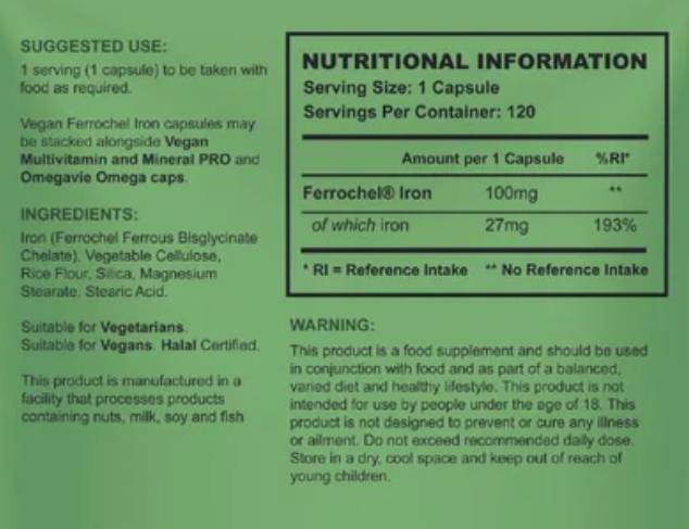 Веган ферошел | Хелатирано желязо 27 mg - 120 капсули