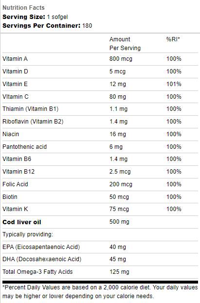 Масло от черен дроб на треска 500mg | С мулти витамини - 180 гел капсули