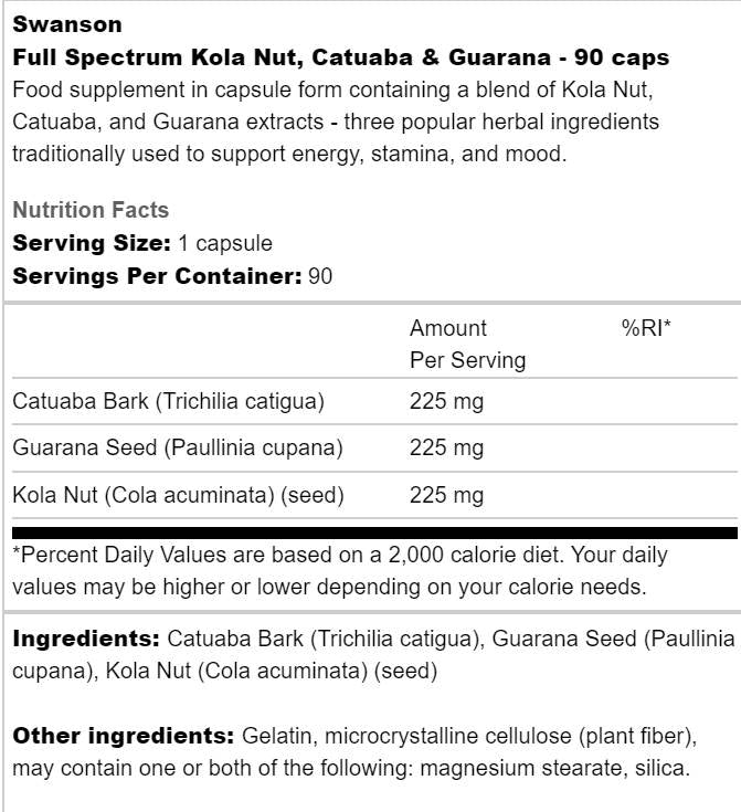 Пълен спектър Kola Nut, Catuaba и Guarana 90 капсули