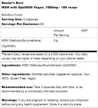 Най -добър веган MSM 1000 mg | С Optimsm - 180 капсули