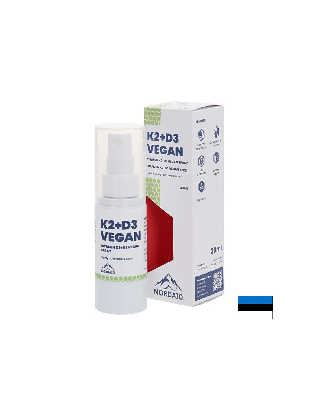 Вегански витамини К2 (25 µg) + D3 (1000 IU) - здраве на сърцето и костите, силен имунитет, спрей за уста, 30 ml, 200 спрея