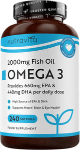 Омега 3 2000 мг /EPA 660 мг, DHA 440 мг/ Чисто рибено масло /240 капсули, 120 дози/ <tc>Nutravita</tc>