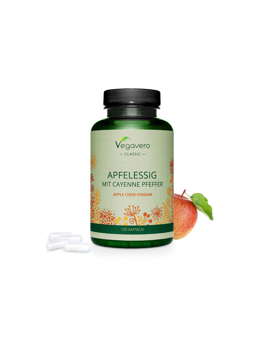 Apfelssig mit Cayenne Pfeffer - Ябълков оцет + лют червен пипер, 120 <tc>Vegavero</tc> капсули