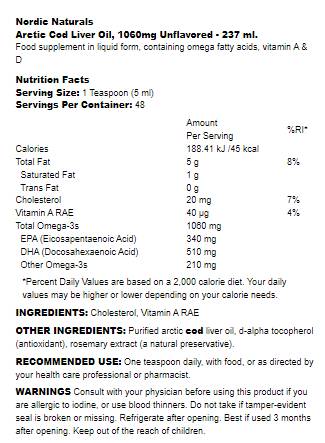 Маслото от чернодробна треска от арктическа треска 1060 mg - 237 ml