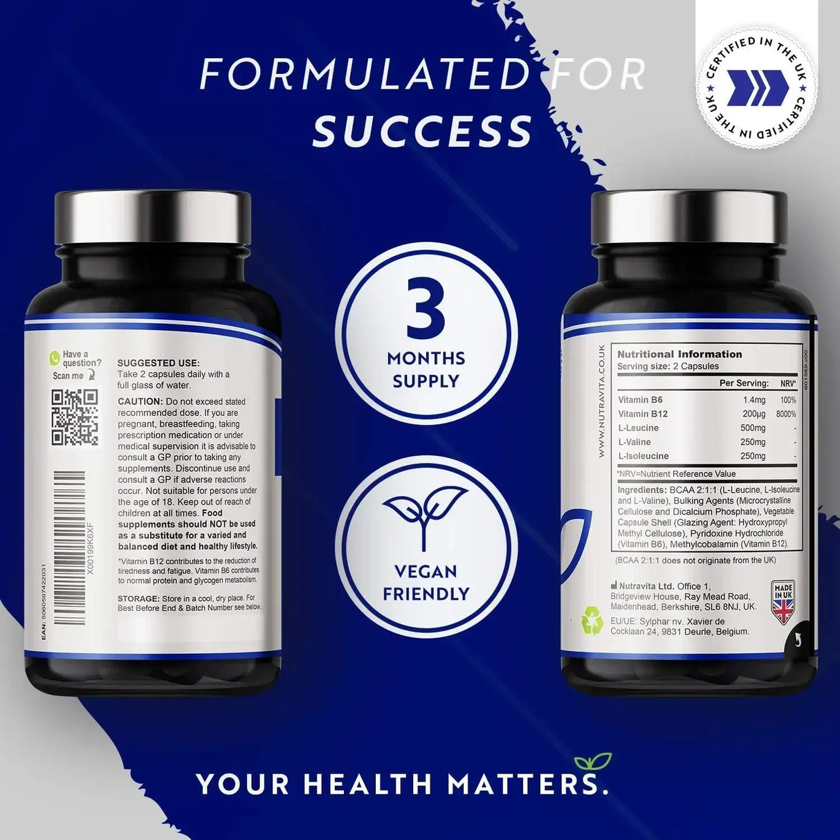 BCAA (2:1:1) с витамини B6 и B12 - 180 Vcaps. <tc>Nutravita</tc>