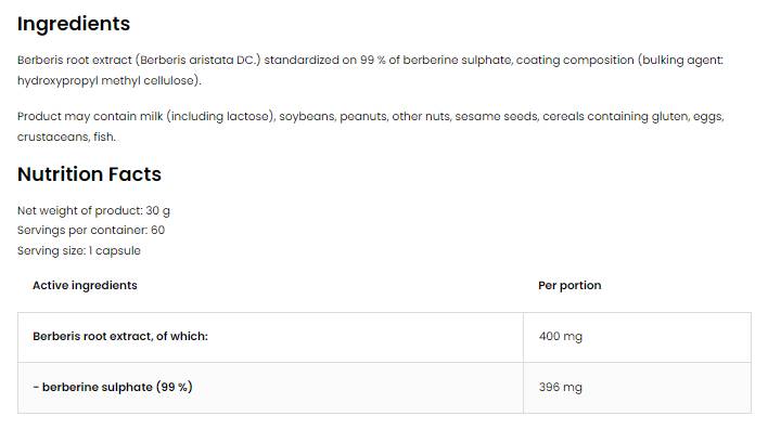 Берберин сулфат 396 mg | 99% екстракт от корен Berberis 60 капсули