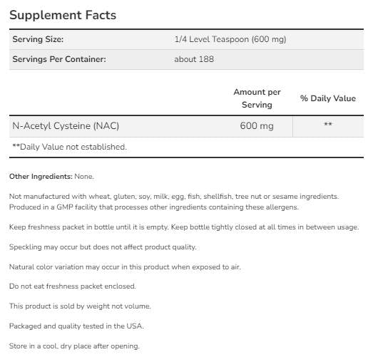 NAC Pure Powder | N-ацетил цистеин [113 грама, 188 порции]