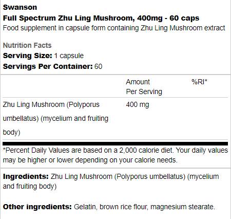 Пълен спектър Zhu Ling гъба 400 mg 60 капсули