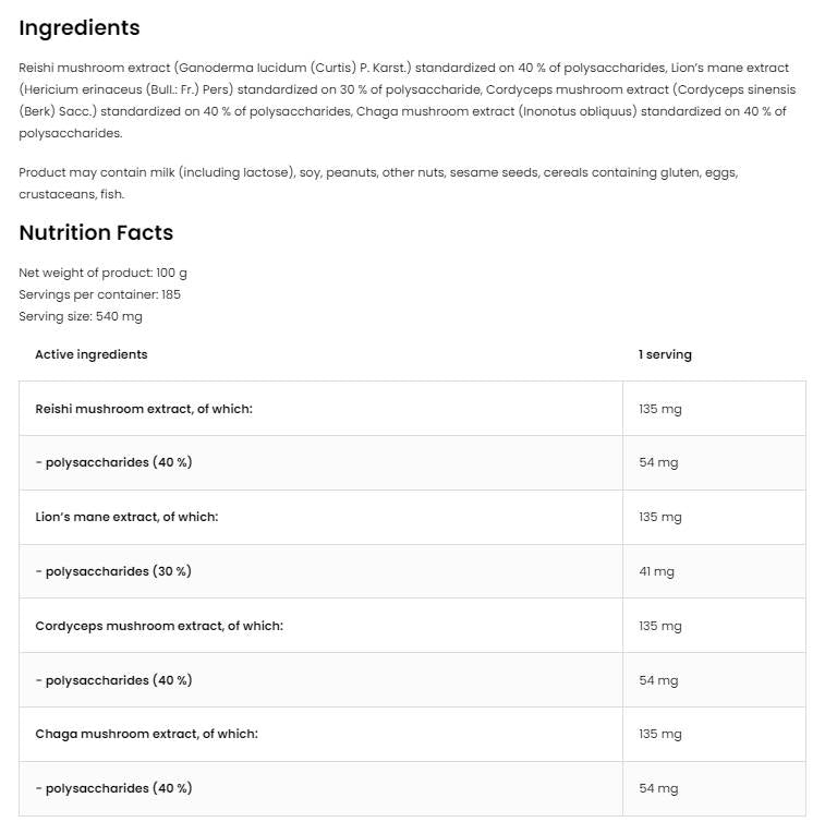 Quatro гъба смес прах | Lion's Mane ~ reishi ~ cordyceps ~ chaga 100 грама