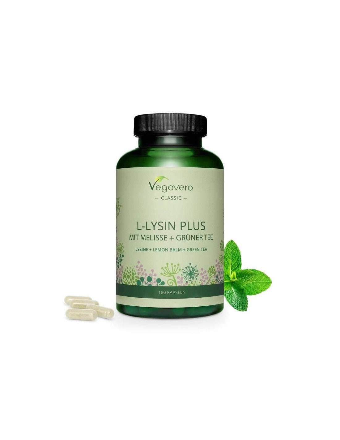 L-lysin plus mit melisse + grünter tee/ L-lysin + маточина и зелен чай, 180 капсули, 100% веган <tc>Vegavero</tc>