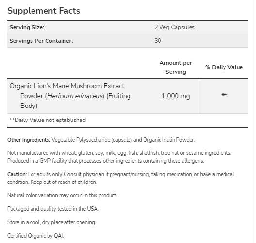 Lion's Mane 500 mg | Изработени с гъби за гривни на органичния лъв - 60 капсули