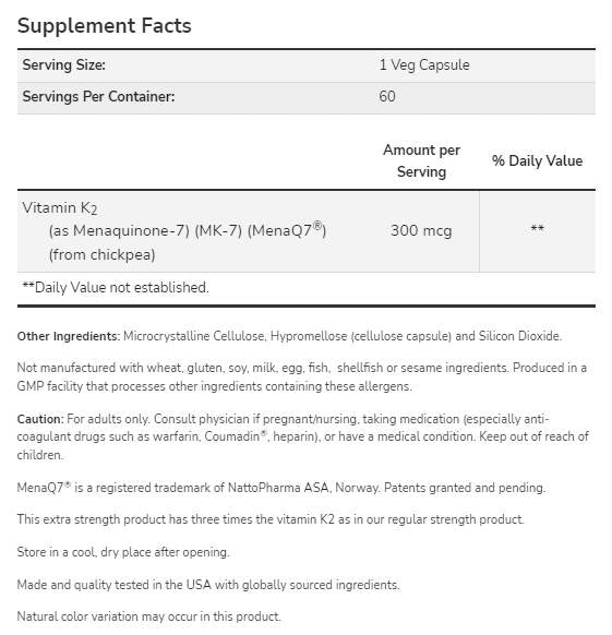 MK-7 Vitamin K-2 300 MCG | Допълнителна сила MENAQ7® - 60 капсули