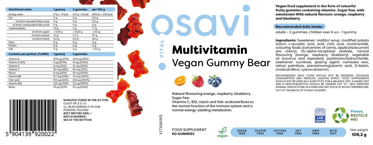 Multivitamin Vegan Gummy Bear | Оранжево, малина, боровинки - 60 бонбони с дъвка