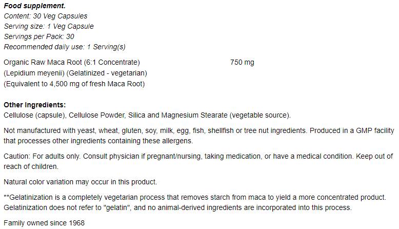 RAW MACA 6: 1 концентрат 750 mg - 30 капсули