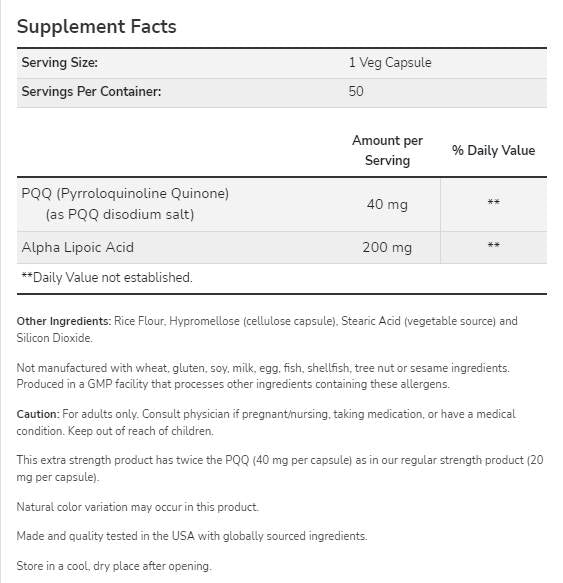 PQQ 40mg Допълнителна сила | С алфа липоева киселина 200 mg - 50 капсули