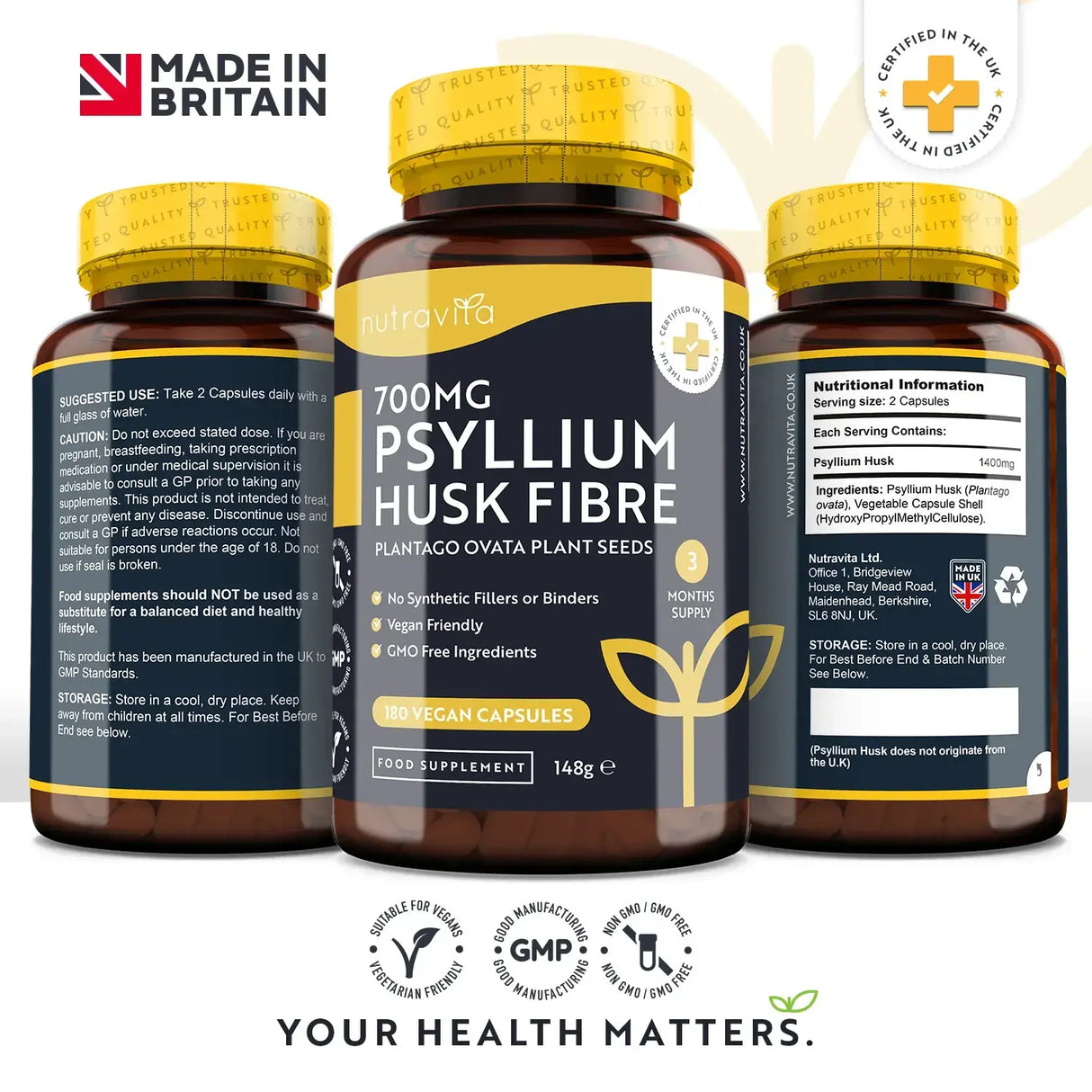 Psyllium Husk Fiber 700 mg 180 Vcaps <tc>Nutravita</tc>