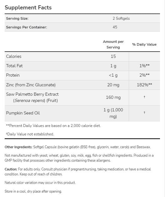 SAW Palmetto Extract | С масло от тиквени семена и цинк - 90 гел капсули