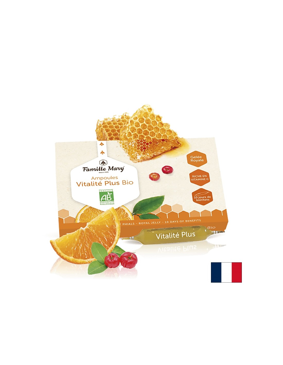 Ampoules vitalité плюс био jus d'Orange acerola / vitalité плюс био с кралско желе, оранжево и ацерола, 10 бр. Famille Mary пиене на ампули