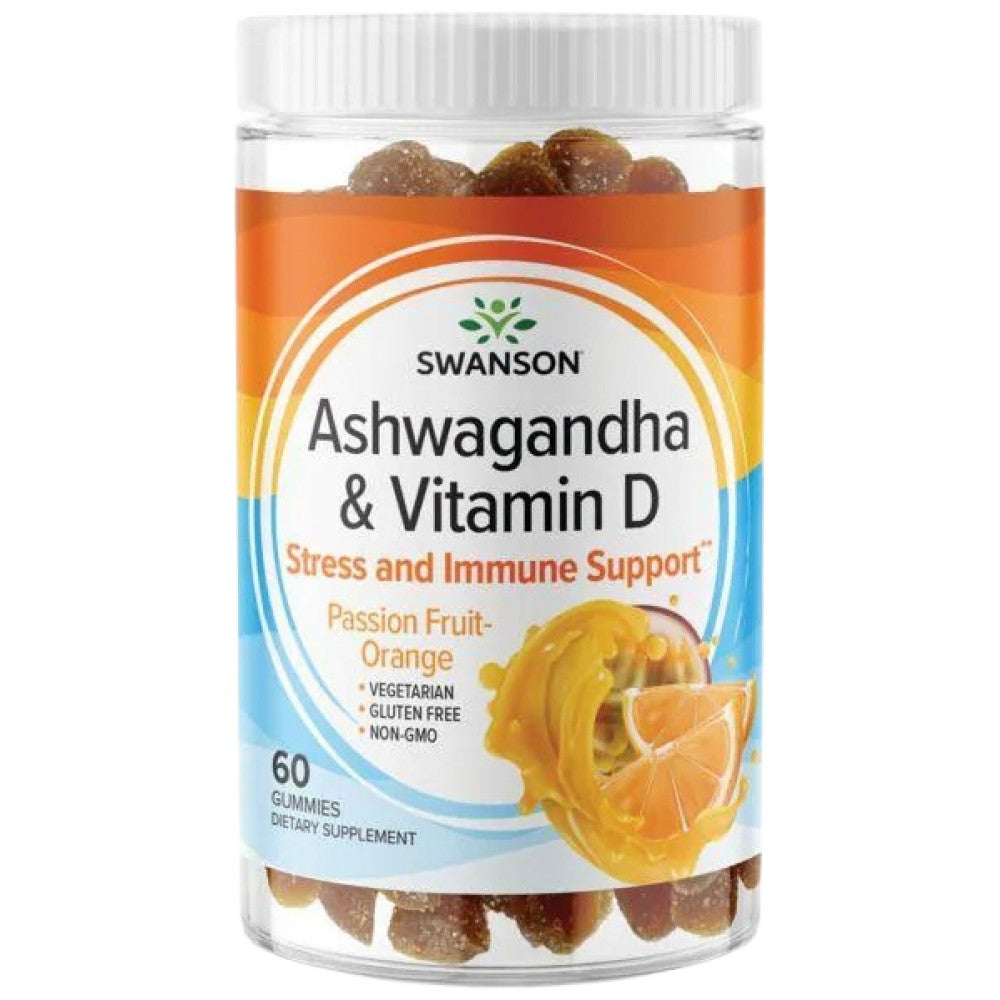Ashwagandha Gummies с витамин D | Пасирани плодове оранжеви 60 дъвчащи таблетки