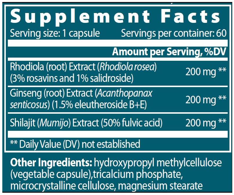 Източен адаптоген | Rhodiola + женшен + Shilajit - 60 капсули